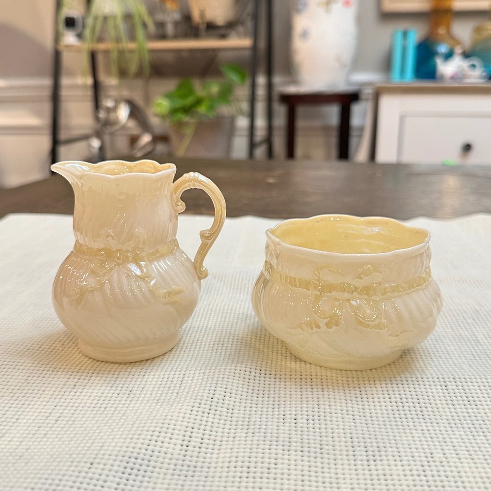 Belleek Made in Ireland Vintage Yellow Bow Accent‎ Creamer & Open Sugar Bowl Set